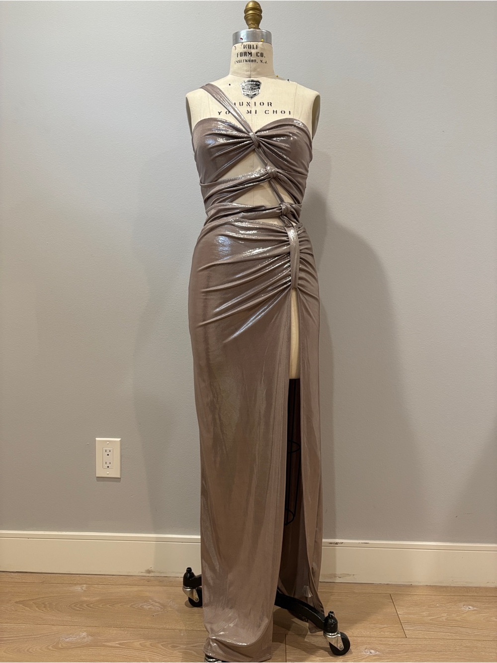 Edge Metallic Foil One-Shoulder Cutout Maxi Dress
